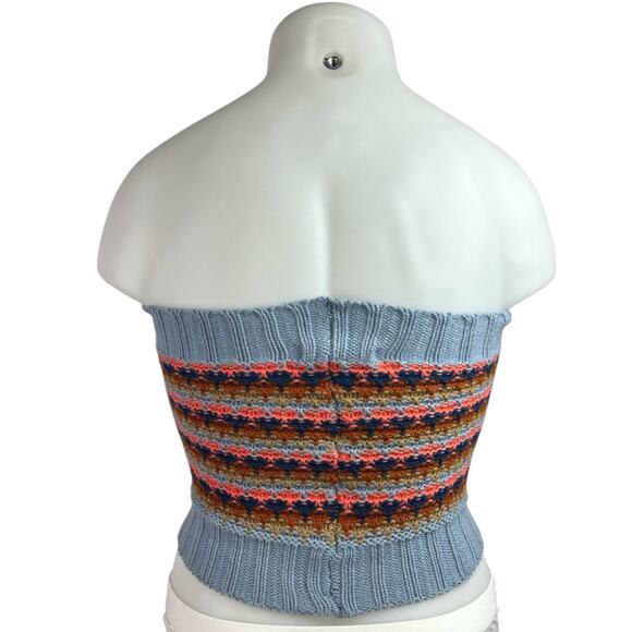 BCBGeneration Blue Stripe Crochet Strapless Tube Bandeau Knit Crop Top Size M - Picture 2 of 3